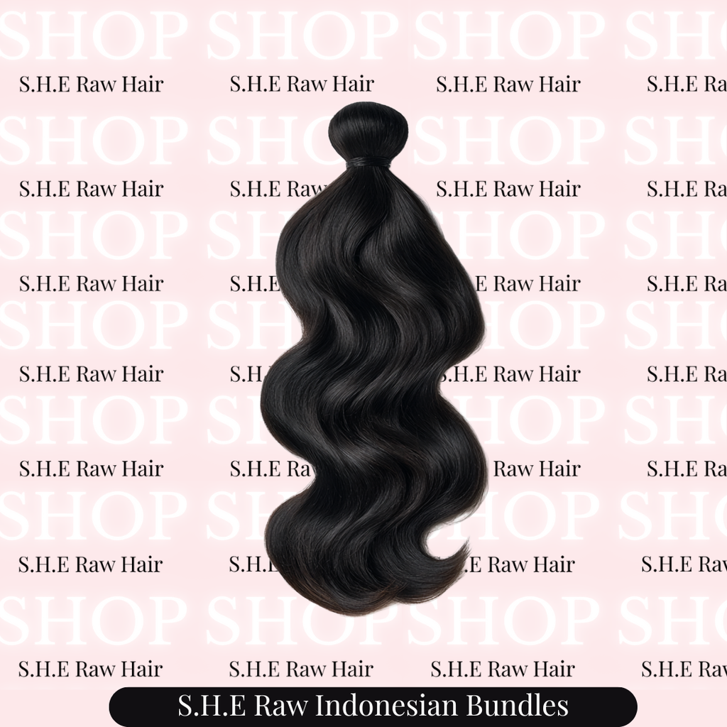 Black hair bundle with 'S.H.E Raw Indonesian Bundles' text on a pink background with brand name.