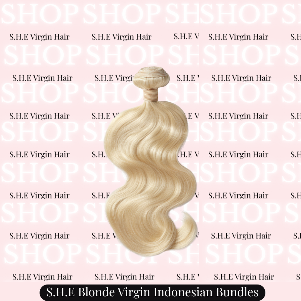 613 Blonde bodywave hair bundle with ' Shop S.H.E Virgin Hair' branding on a pink background.