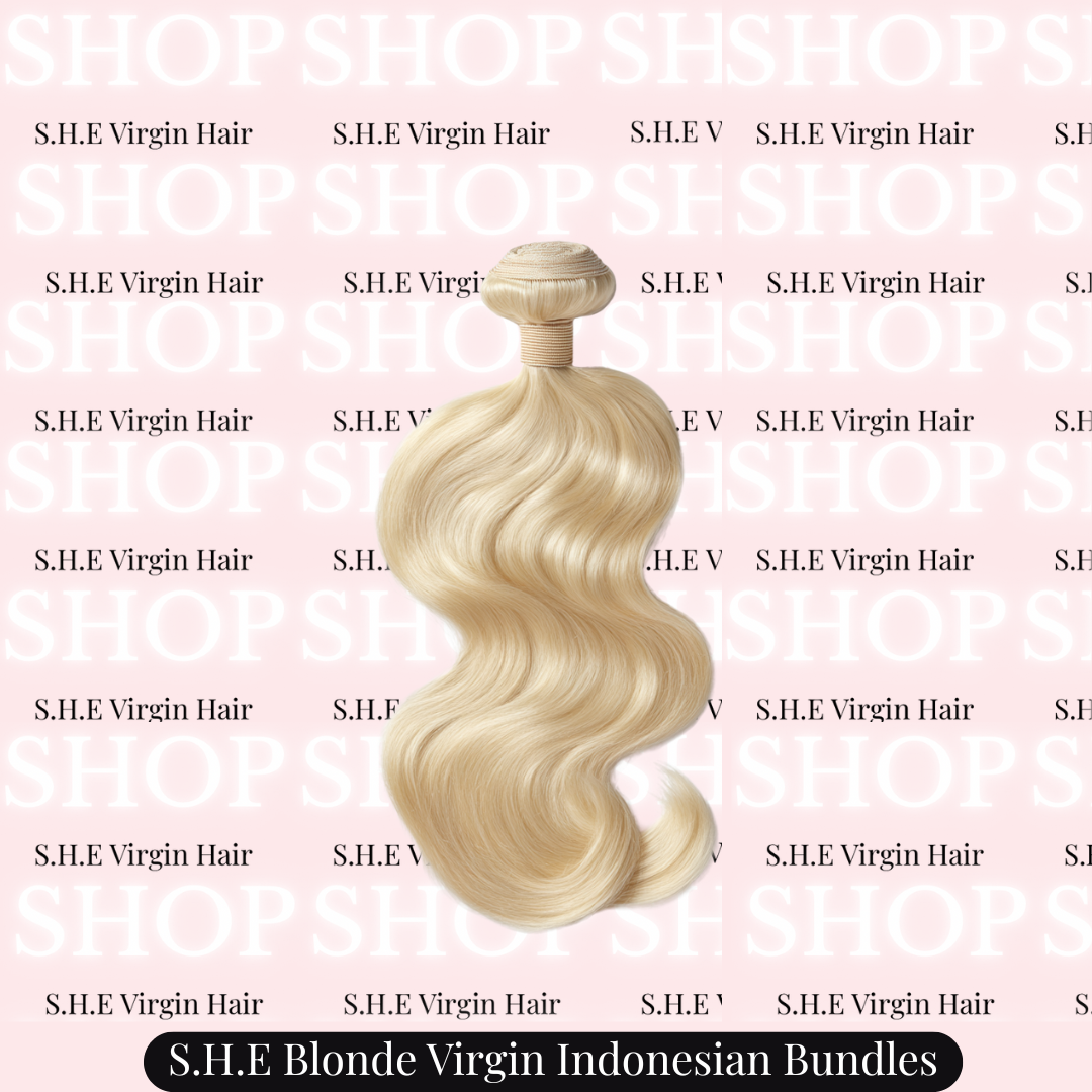 613 Blonde bodywave hair bundle with ' Shop S.H.E Virgin Hair' branding on a pink background.