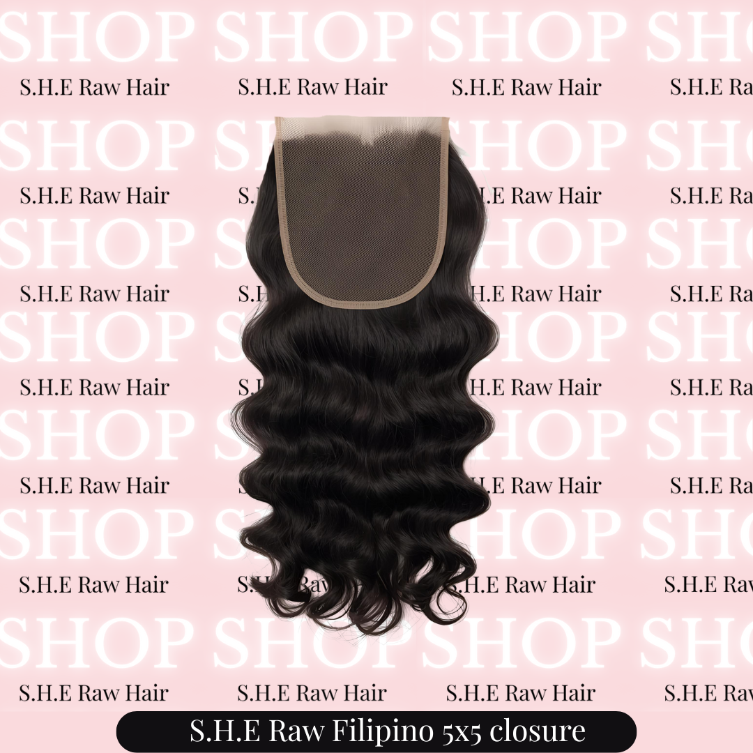 natural Black wavy hair closure on a pink background with 'S.H.E Raw Hair' text.