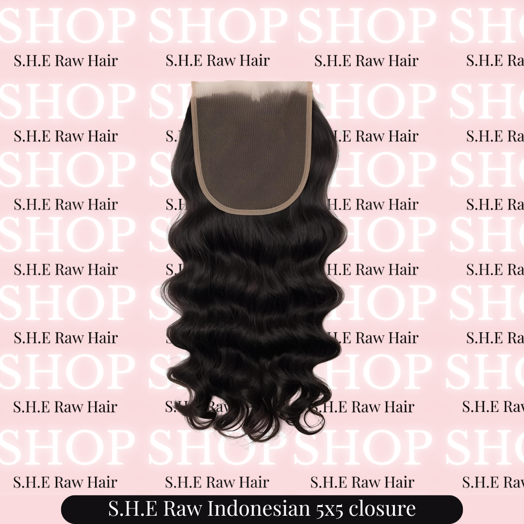 Raw indonesian 5X5 closure in natural Black on a pink background with 'S.H.E Raw Hair'