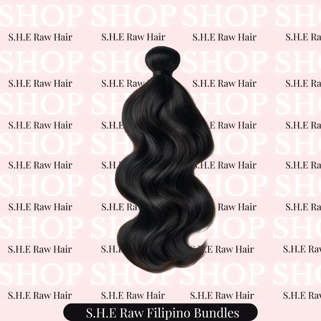 natural Black body wavehair bundle with 'S.H.E Raw Hair' text on a pink background