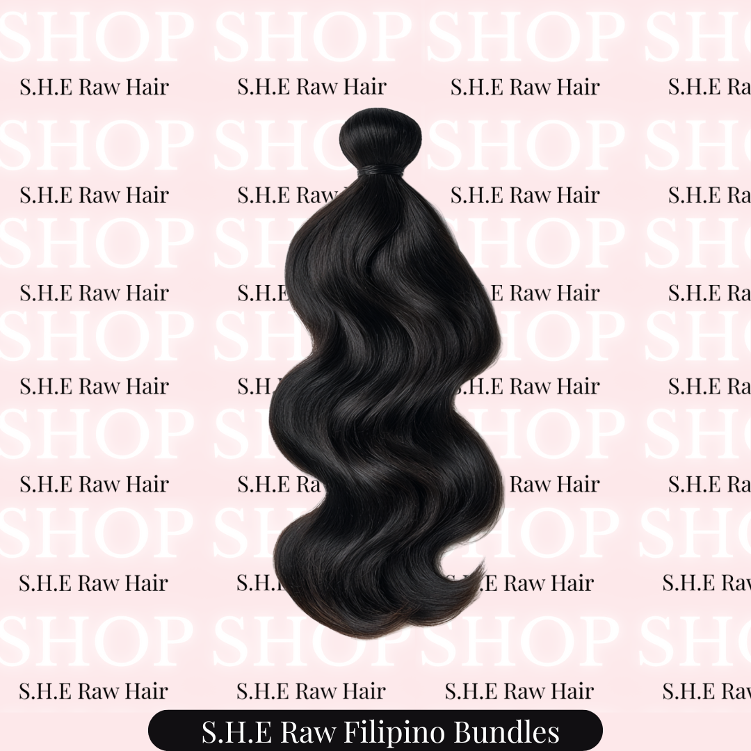 natural Black body wavehair bundle with 'S.H.E Raw Hair' text on a pink background