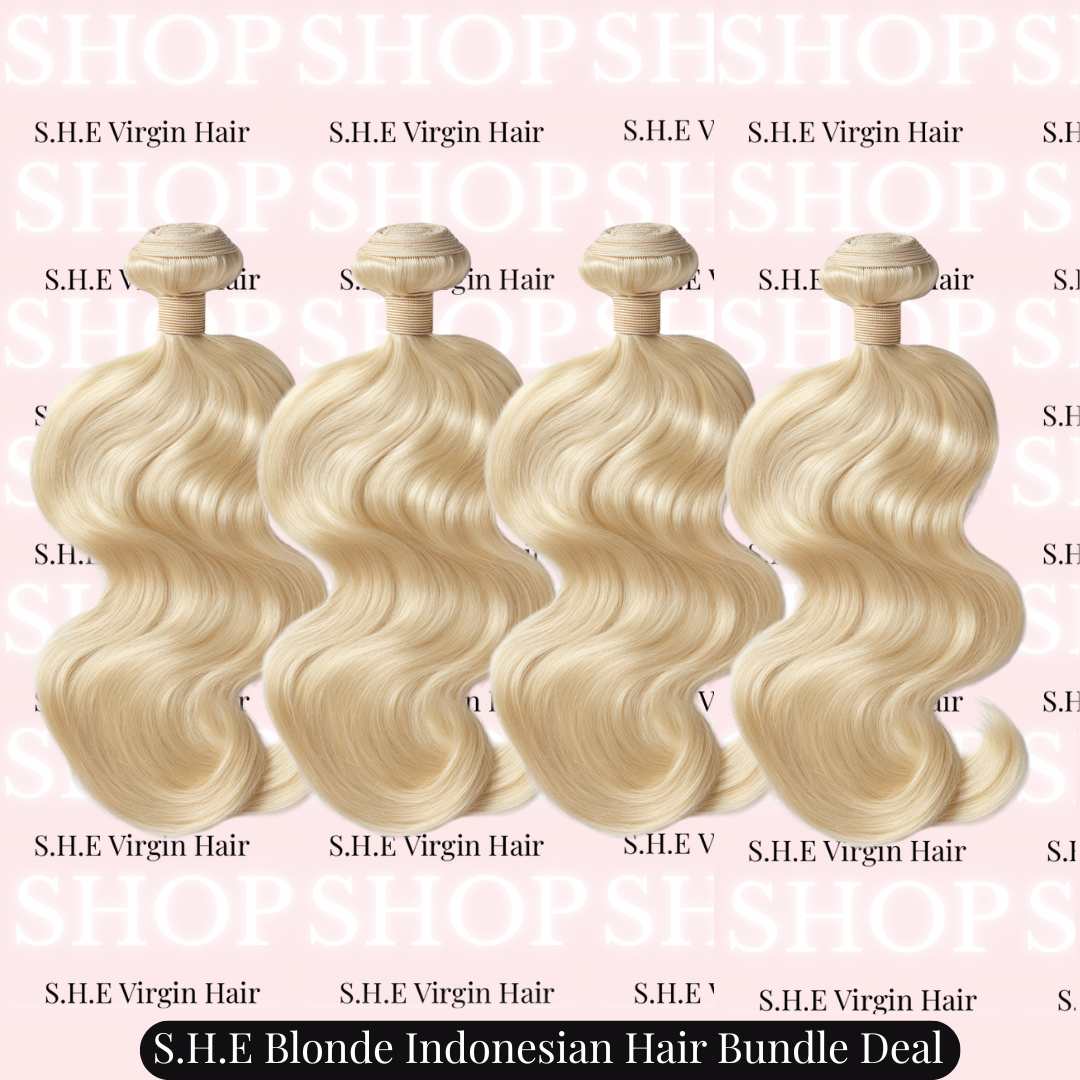 Four 613 blonde hair bundles with 'S.H.E' branding on a pink background.