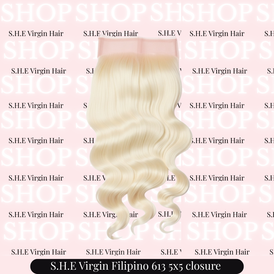 613 Blonde hair extension with 'S.H.E Virgin Hair' branding on a pink background.
