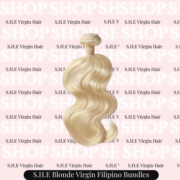 single 613 Blonde hair bundle with 'S.H.E Virgin Hair' branding on a pink background.