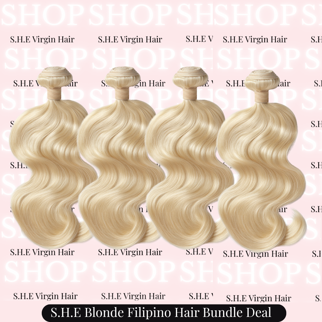 Four 613 blonde hair bundles with a pink background and 'S.H.E' branding.