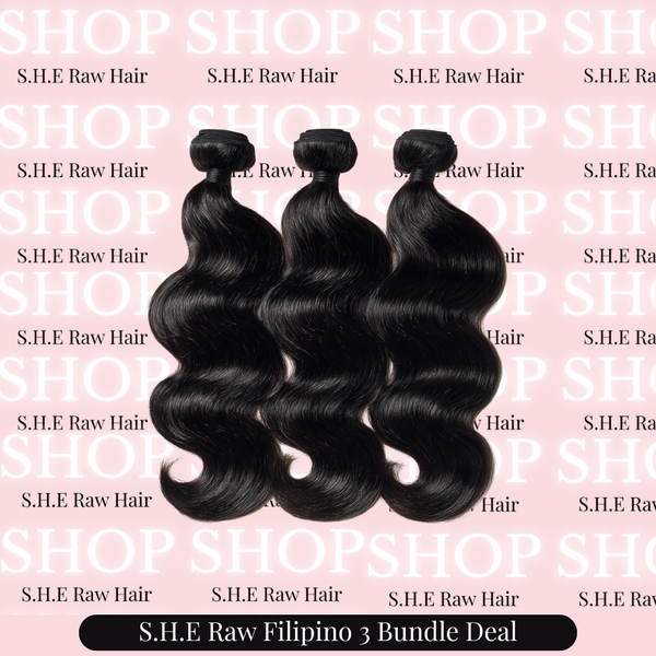 Three bundles of Raw filipino haor bundles in natural black, hair is on a pink background with 'S.H.E Raw Hair' text.