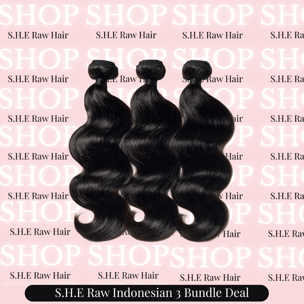 Three bundles of S.H.E Raw Indonesian hair on a pink background with 'S.H.E Raw Hair' text.