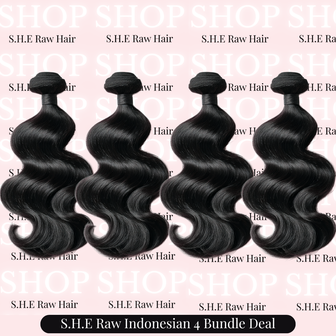 Four bundles of black hair with 'S.H.E Raw Indonesian' branding on a pink background.
