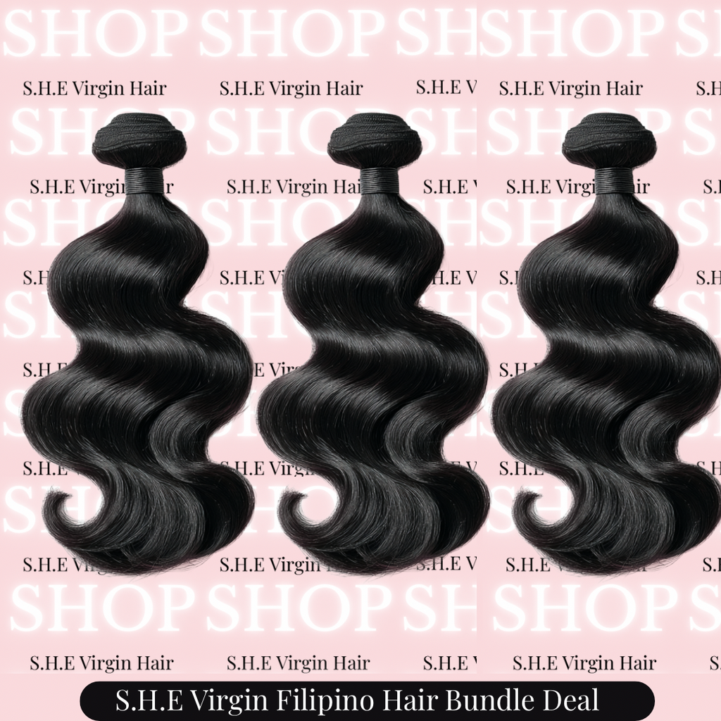 Three bundles of Virgin Indonesian black hair on a pink background with 'S.H.E Virgin Hair' branding.