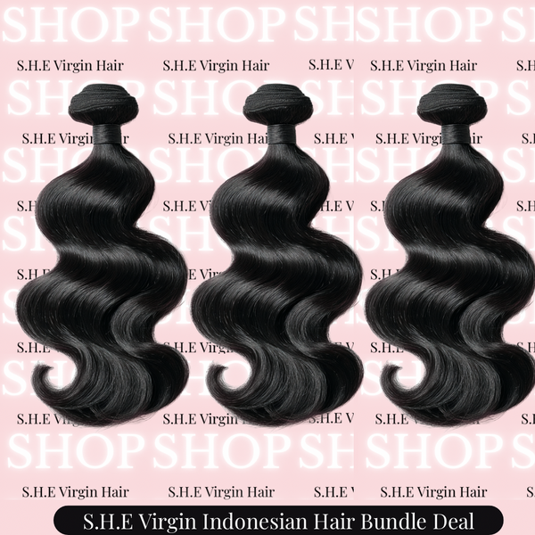 Three bundles of virgin indonesian hair extensions in natural black color on a pink background with 'S.H.E' branding.