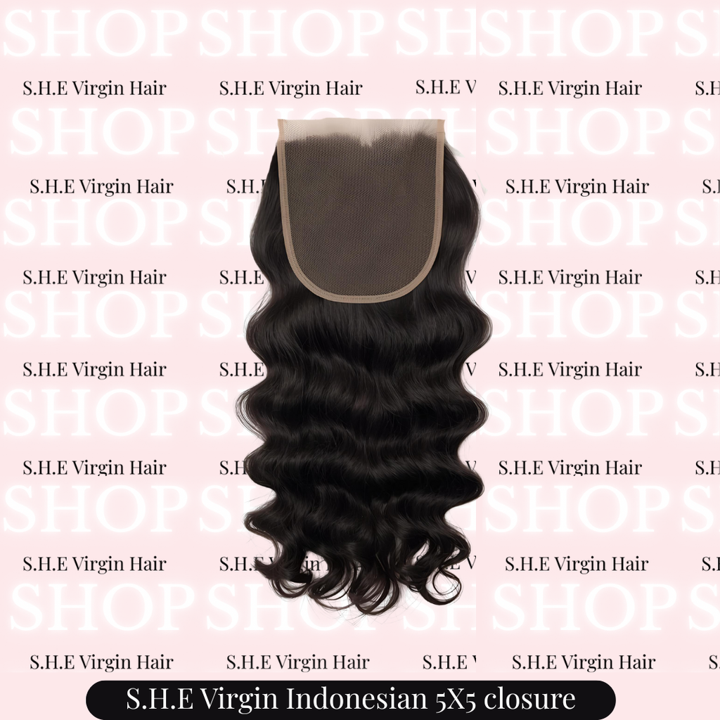S.H.E Virgin Indonesian 5x5 closure hair product on a branded background
