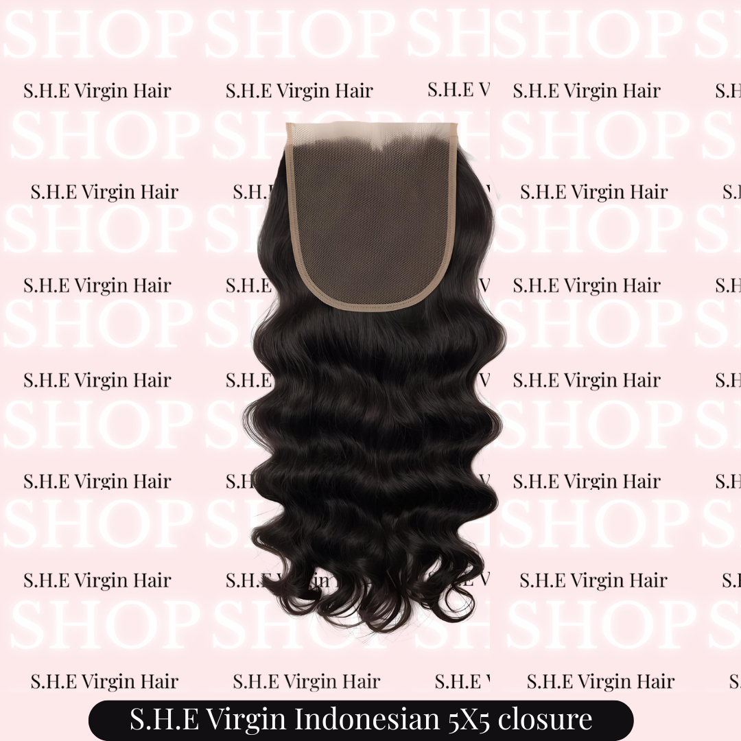 S.H.E Virgin Indonesian 5x5 closure hair product on a branded background