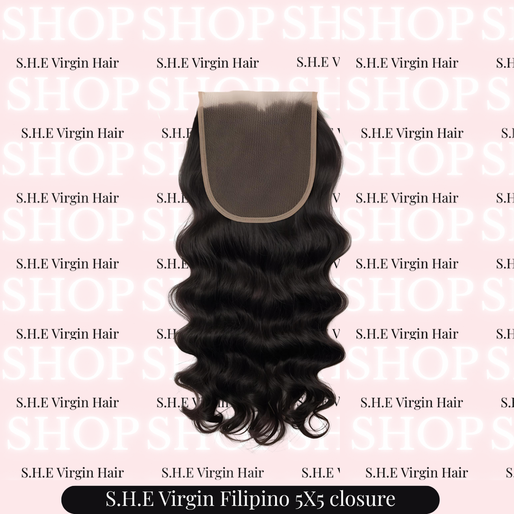 virgin filipino natural Black hair closure with a pink background featuring 'S.H.E Virgin Hair' text.
