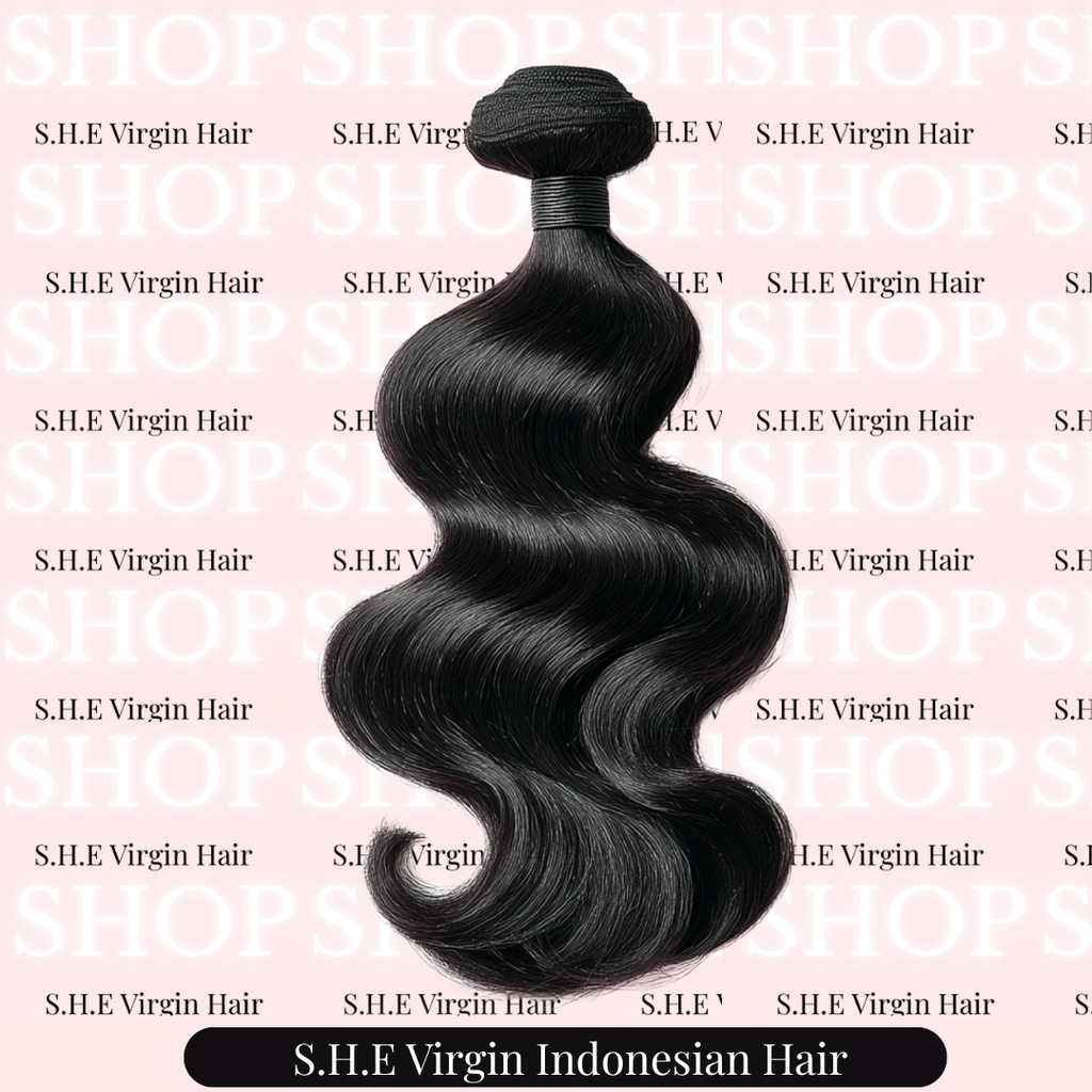 Black hair bundle with 'S.H.E Virgin Indonesian Hair' text on a pink background with brand name.