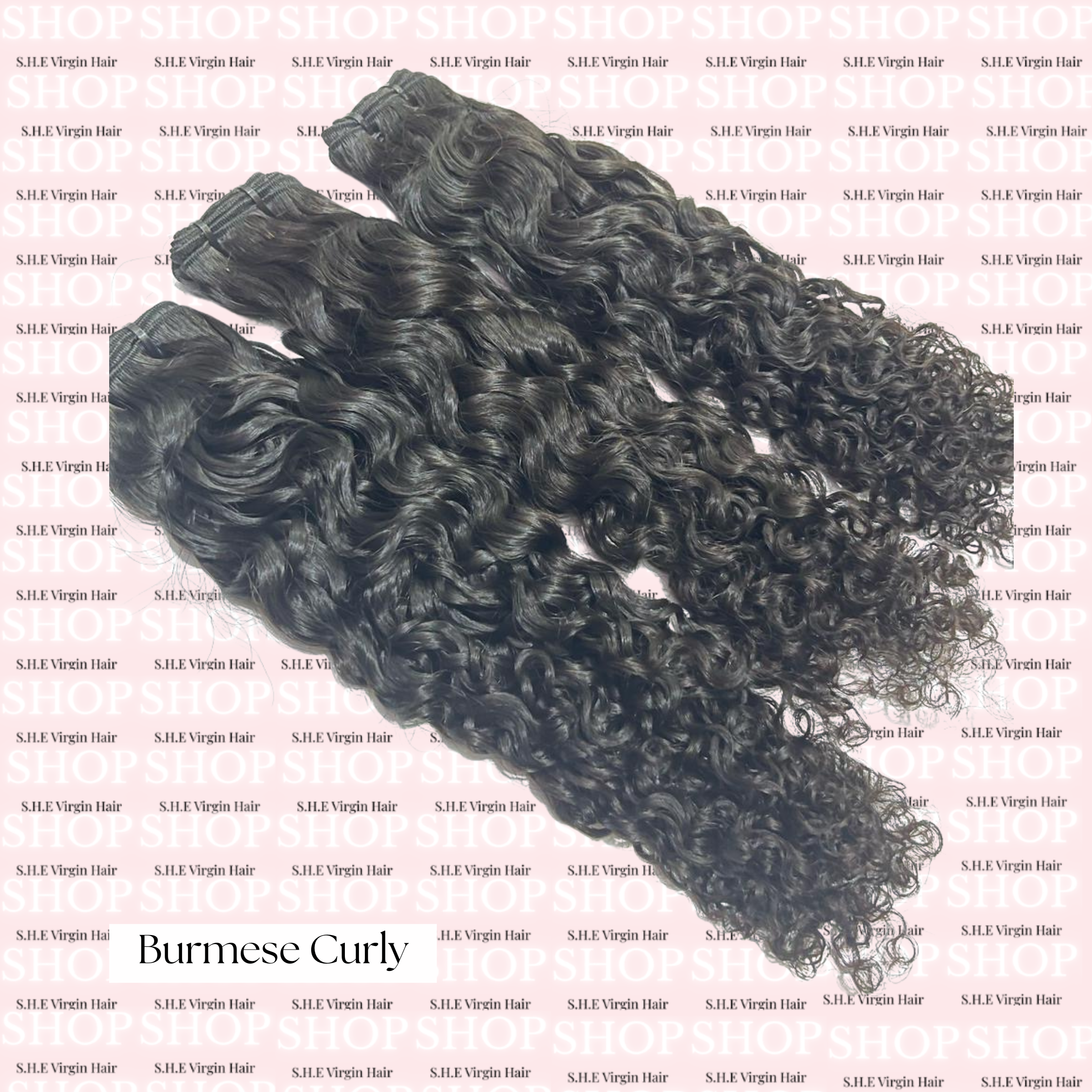 beautiful natural black Burmese Curly hair extensions on a pink background with brand name.