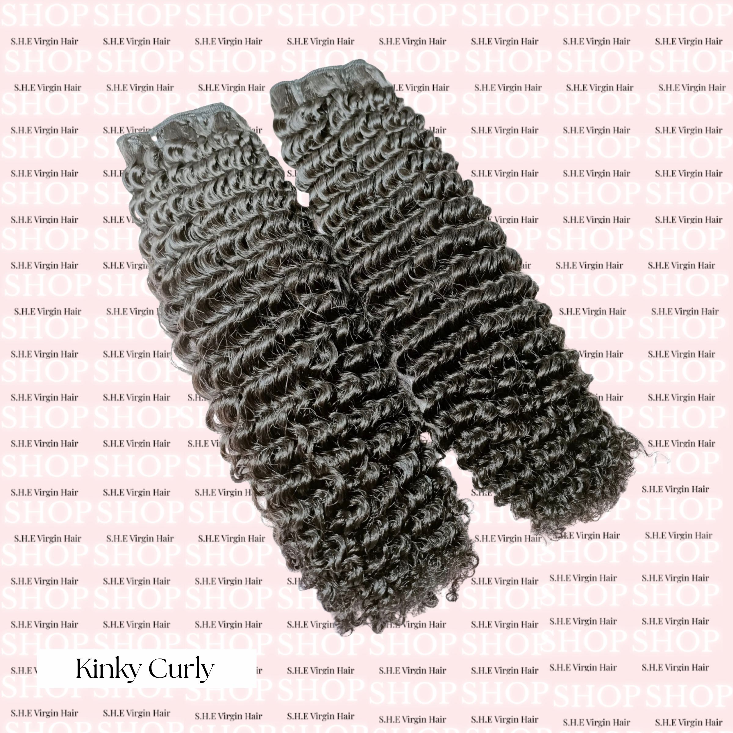 Kinky curly hair extensions on a pink branded background with brand name 'S.H.E Virgin Hair'.