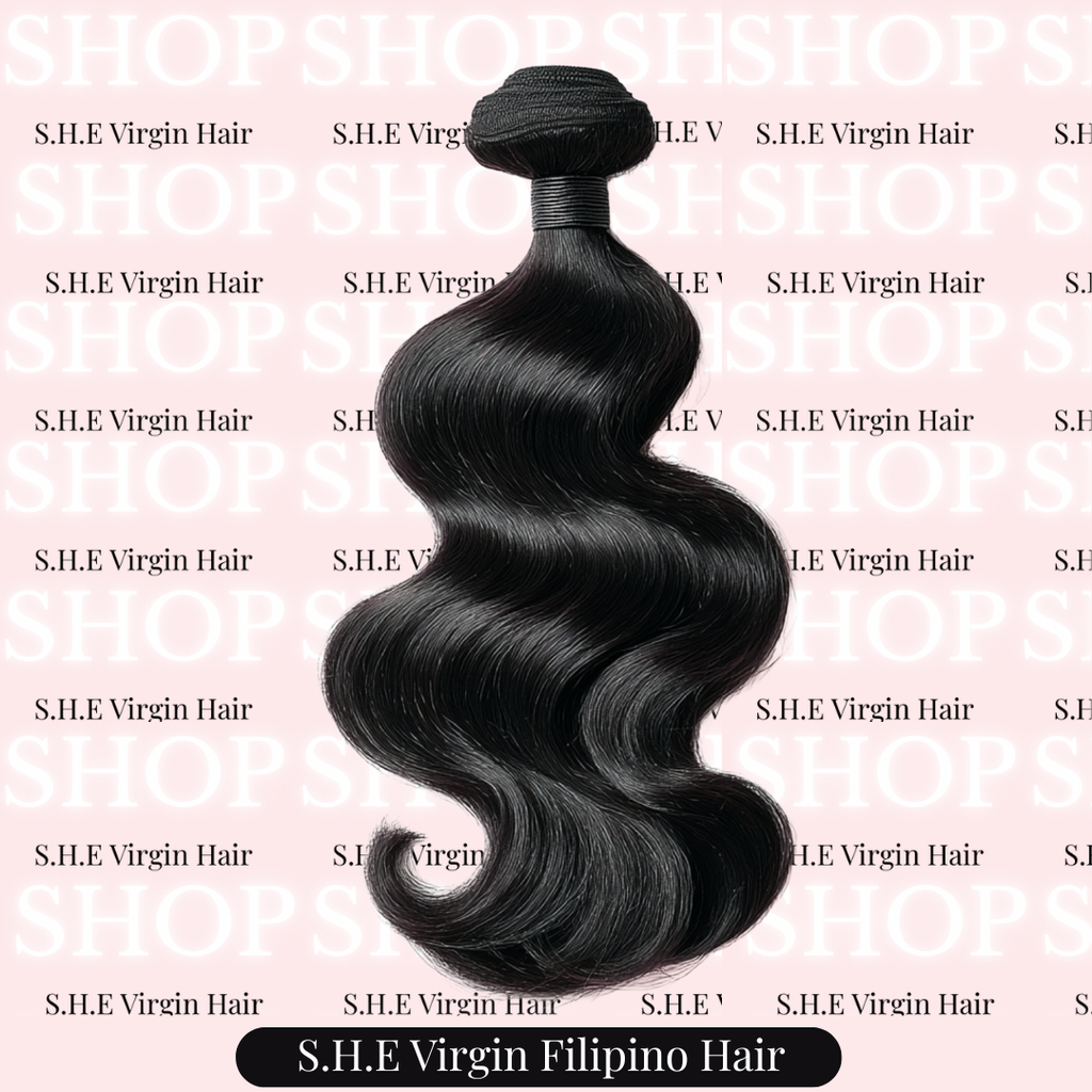 Natural Black hair bundle with 'S.H.E Virgin Filipino Hair' branding on a pink background with text.