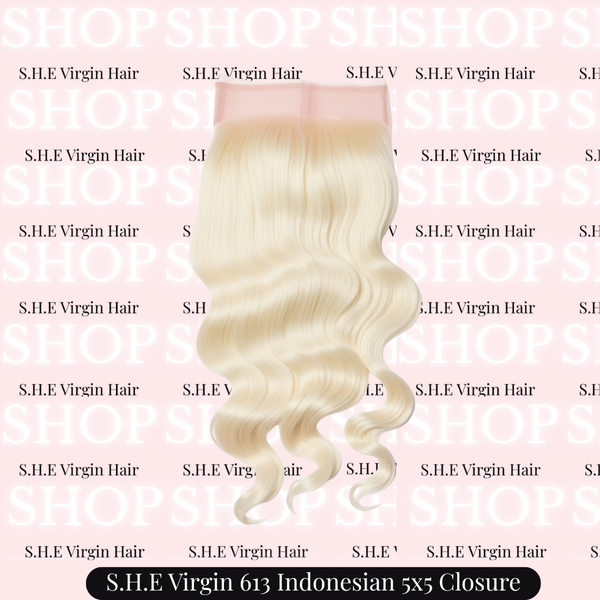 Blonde hair extension with 'S.H.E Virgin Hair' branding on a pink background.