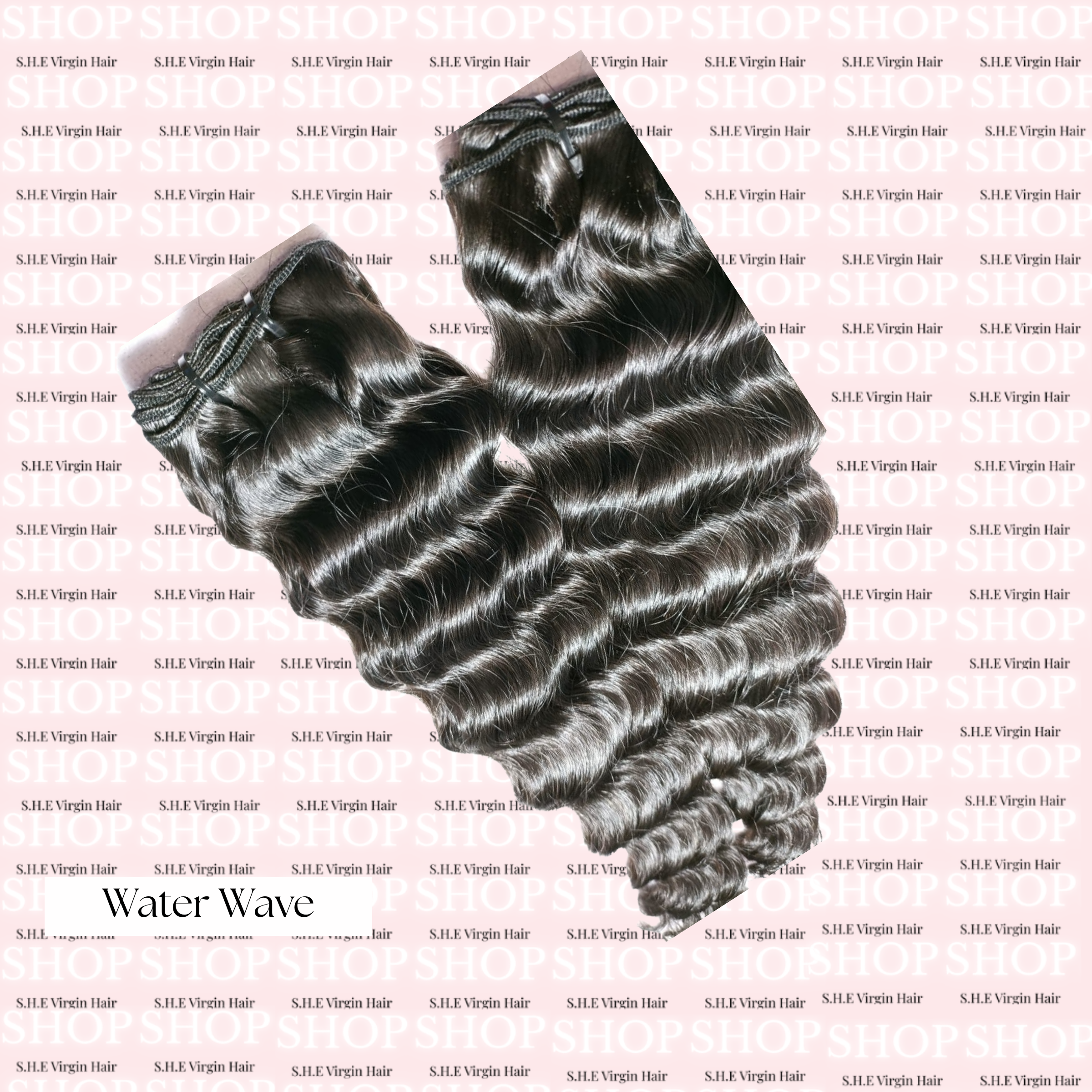 Two bundles of water wave hair extensions on a pink background with brand "seven hair extensions" name text.